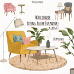 Aquarell Möbel Clipart Wohnzimmer Innenkunstwerk Urban Room – Etsy.de Intended For Wohnzimmer Clipart