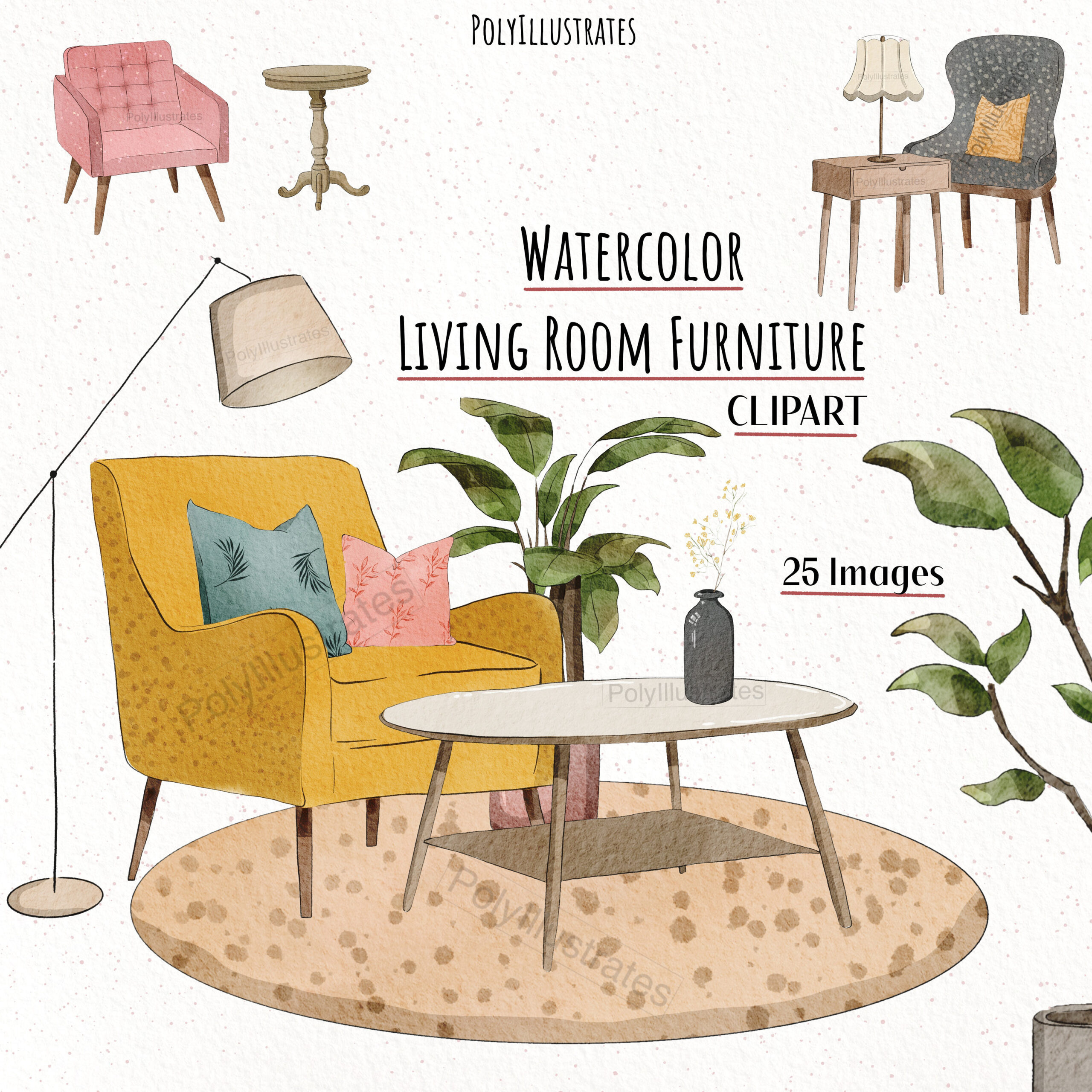 Aquarell Möbel Clipart Wohnzimmer Innenkunstwerk Urban Room - Etsy.de Intended For Wohnzimmer Clipart