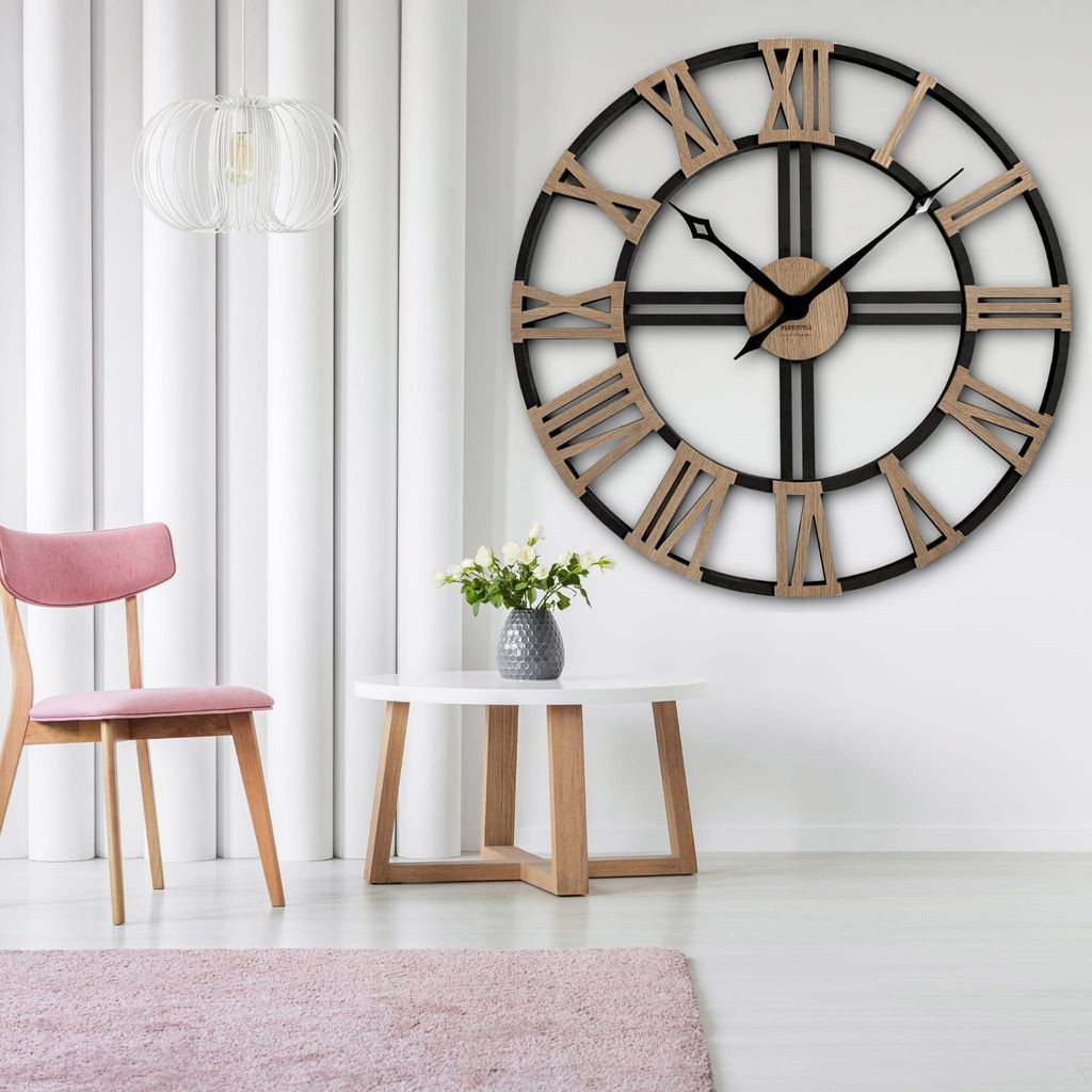 Groß Wanduhr Xxl Ohne Tickgeräusche Loft Grande Schwarz Und Eiche Holz  Holzoptik 80Cm Durchmesser Römische Zahlen Wohnzimmer Schlafzimmer Inside Wohnzimmer Wanduhr Groß