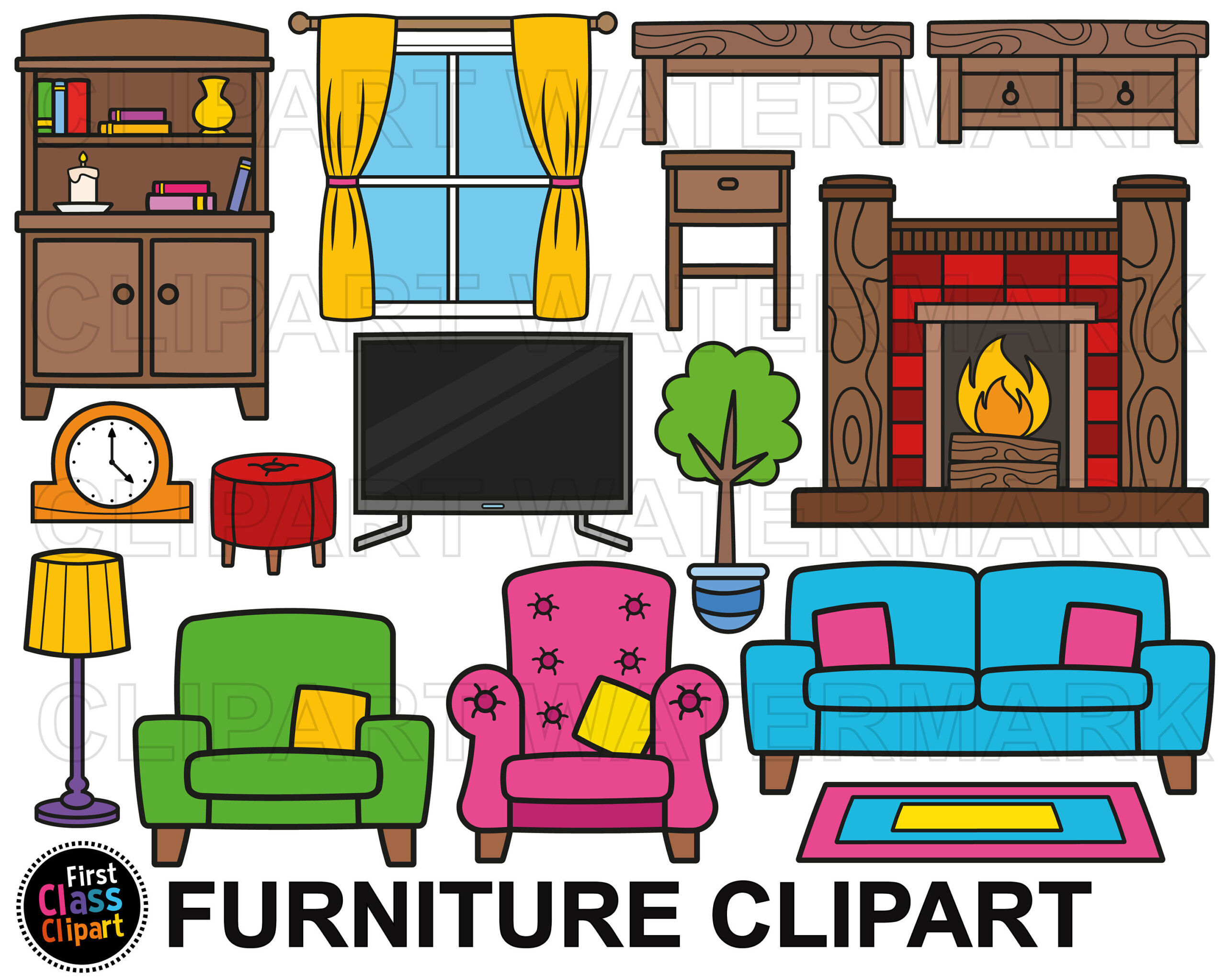 Möbel Clipart, Sofa, Stuhl, Tisch, Couchtisch, Teppich, Uhr, Kissen,  Feuerplatz Clipart, Hochauflösende Png Und Svg For Wohnzimmer Clipart