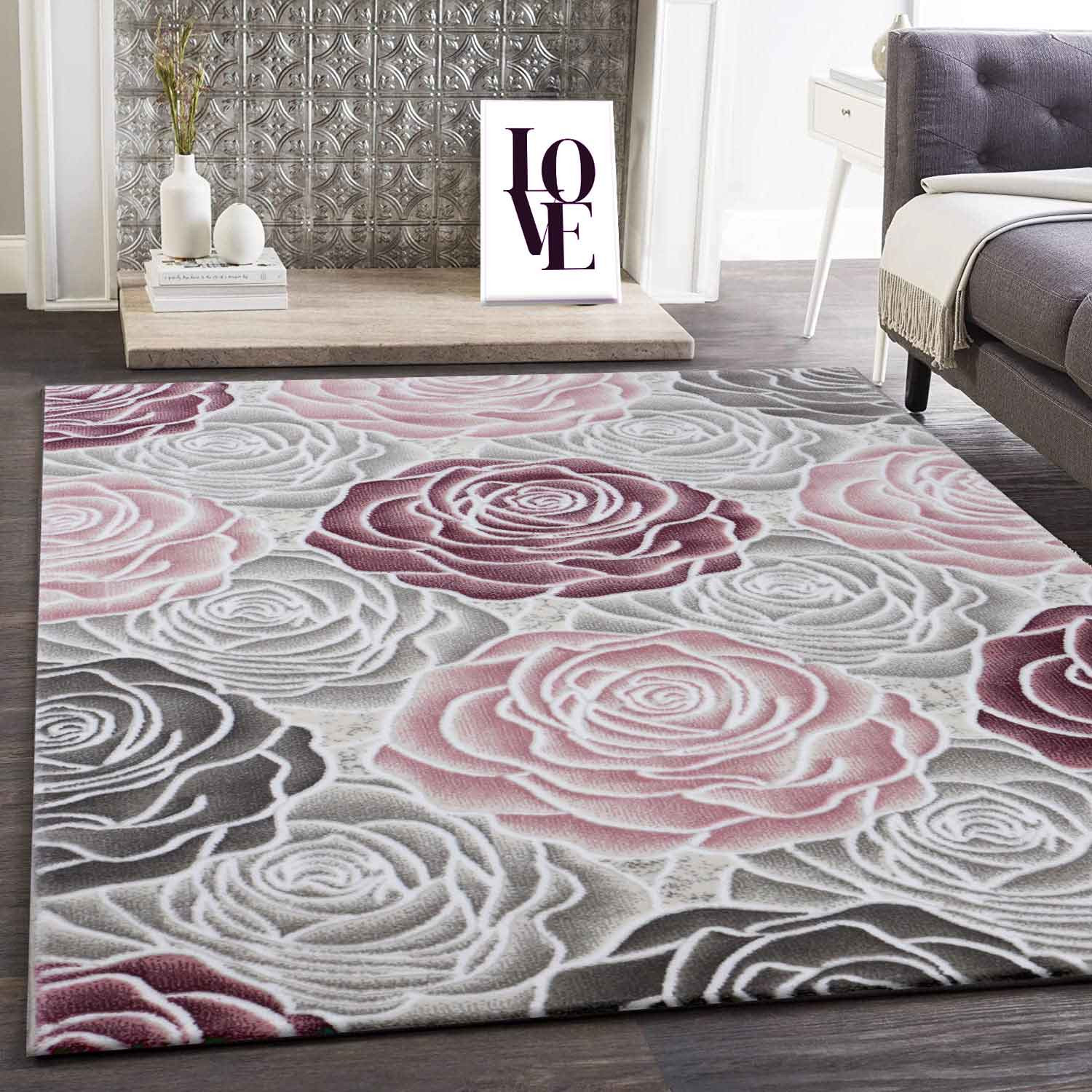 Moderner Wohnzimmer Teppich Rosen Muster In Rosa Grau Creme  Saphir7622_Grau_1-2 | Vimoda Homestyle for Wohnzimmer Teppich Grau Rosa