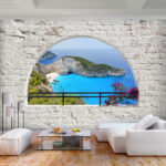 Steinwand Strand Meer Fenster Vlies Fototapete 3D Wohnzimmer Tapete  Wandbild Xxl | Ebay Intended For Wohnzimmer Mit Steinwand