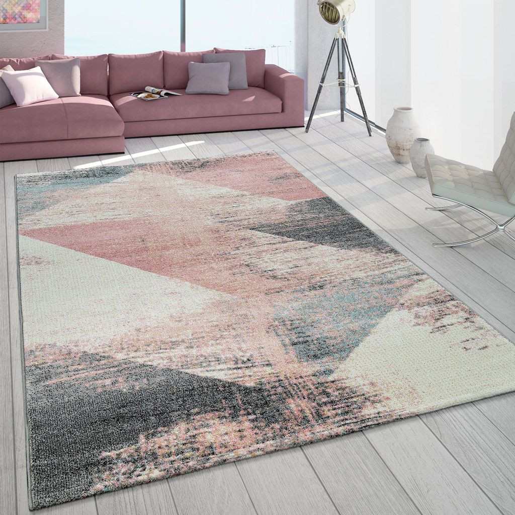 Teppich Wohnzimmer Grau Weiß Rosa Pastell Dreieck Muster Vintage Design  Kurzflor Grösse 160X230 Cm with regard to Wohnzimmer Teppich Grau Rosa