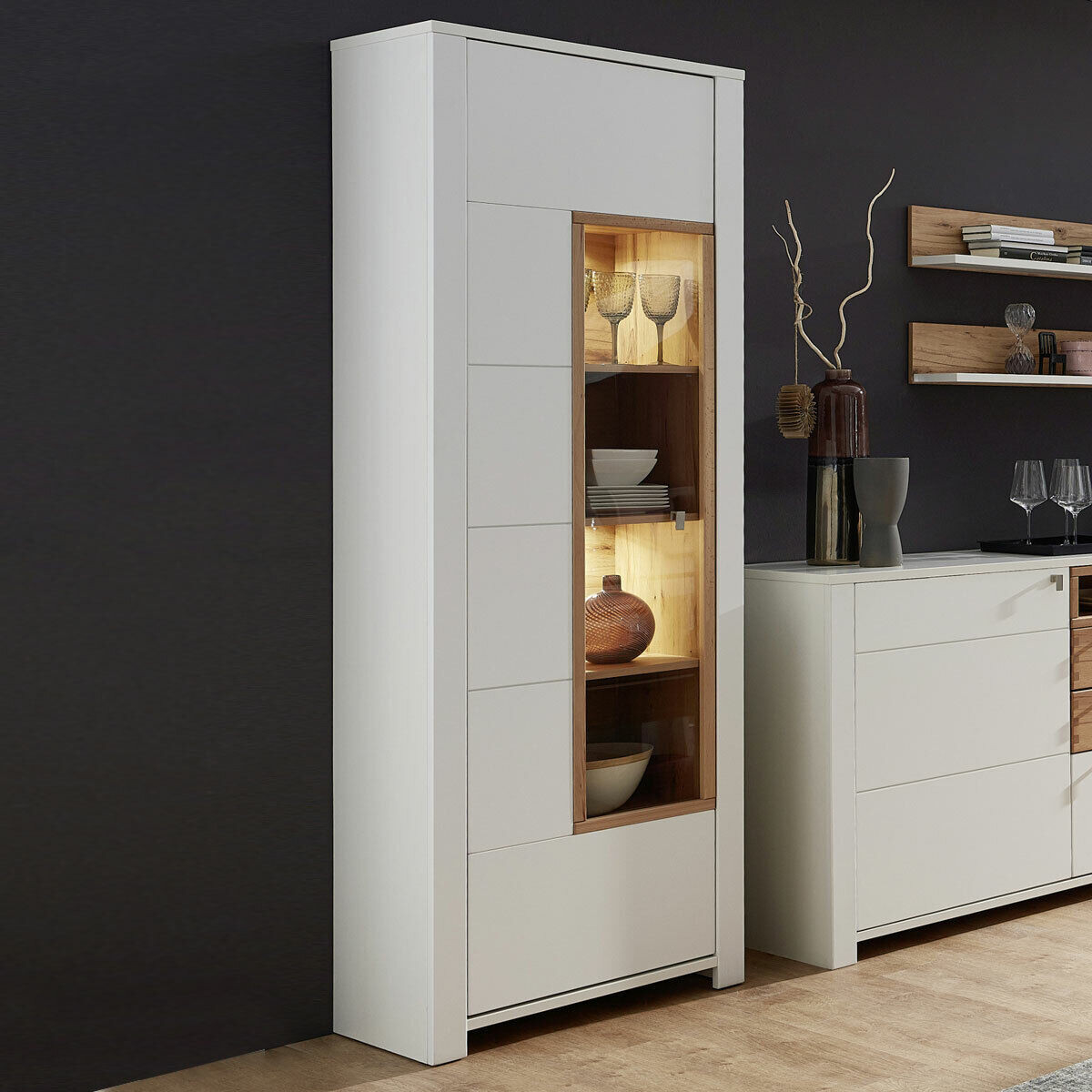 Vitrine Highboard Wohnzimmer Schrank Weiß Matt Led Wildeiche Teilmassiv  Serpio pertaining to Schrank Weiß Wohnzimmer