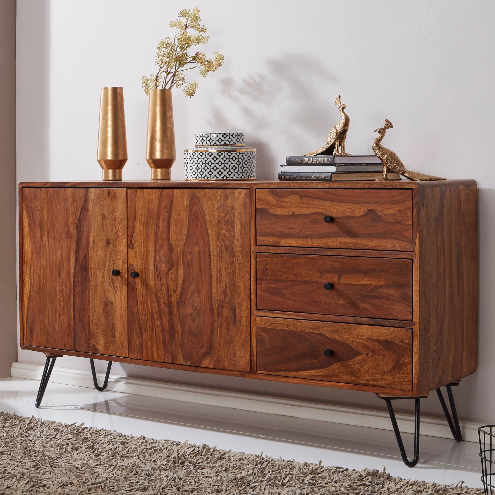 Wohnling Sideboard Wl5.629 Sheesham Massivholz 140X75X40 Cm Landhaus  Kommode | Design Anrichte Mit 3 Schubladen &amp; 2 Türen | Hohe  Schubladenkommode pertaining to Wohnzimmer Sideboard Holz